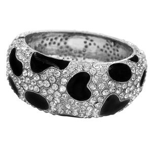 Leopard Cheetah Spot Print Silver Black Rhinestone Fancy Hinged Bangle Bracelet